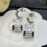 Miu Miu Earrings With Large Crystal Logo In Metal Silver/Black